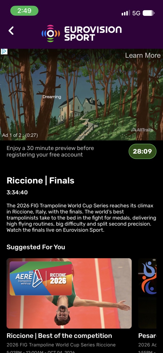 Eurovision Sport event player with a pre-roll ad