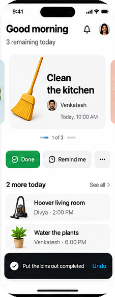 GeGo Home, a completed task with undo