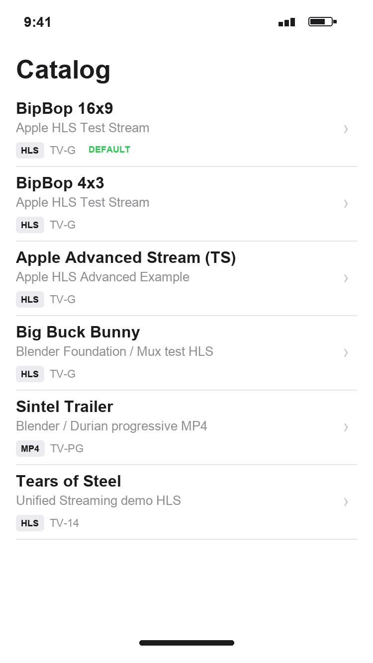 Player-MCP catalog of test streams